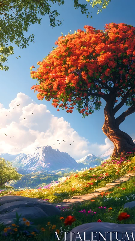 Crimson blossom tree crowns bright alpine valley path