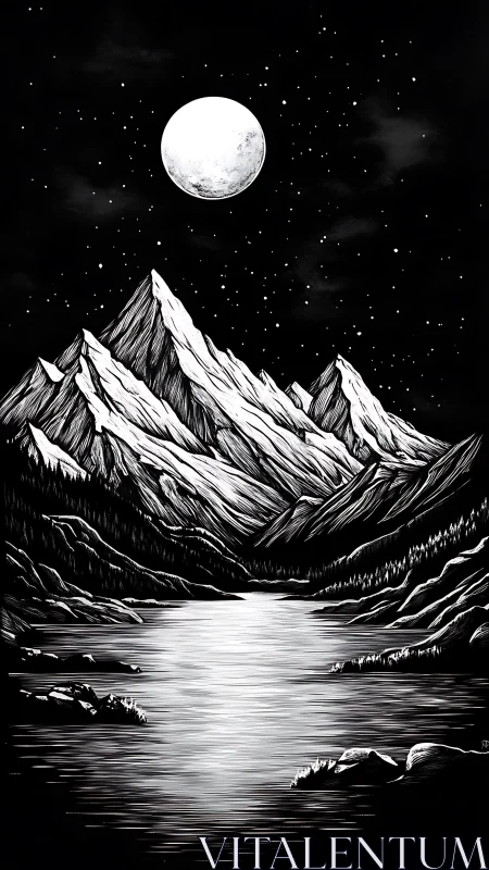 Moonlit alpine peaks over reflective mountain lake at night.