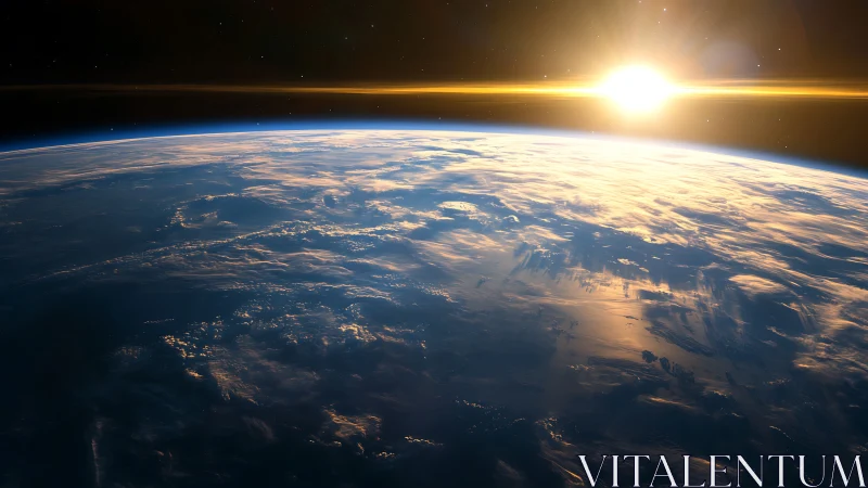 Photorealistic orbital sunrise over Earth with cloud relief rendering.