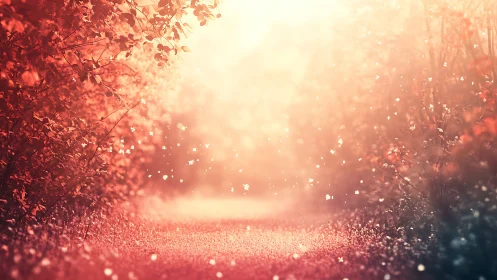 Sunlit firefly path hums softly through rose-tinted foliage