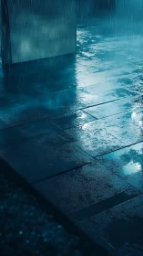 Wet stone pavement reflects rain under diffuse blue light.