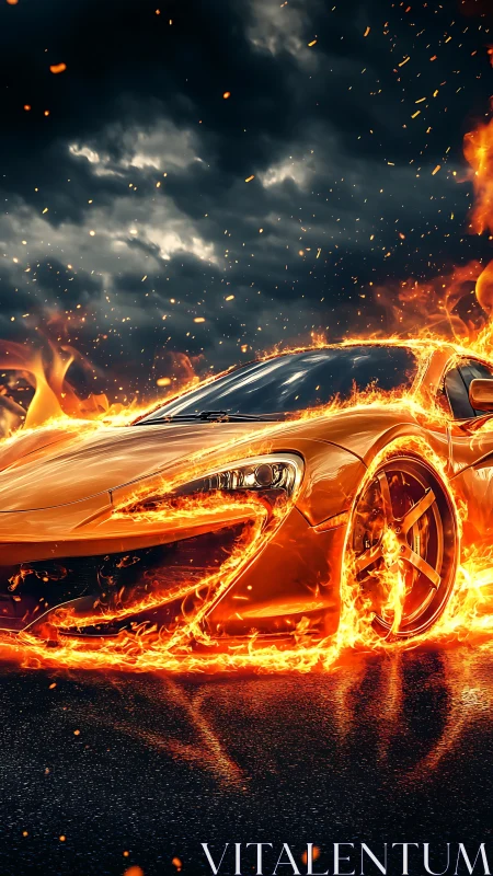 Sports car engulfed in volumetric fire with dynamic particle effects and turbulent sky
