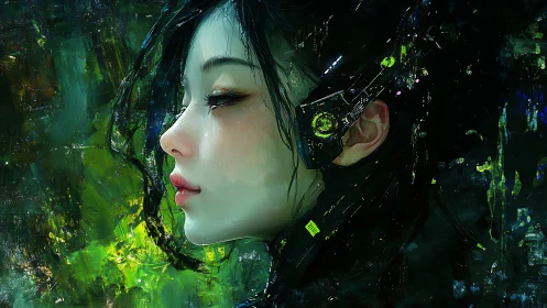 Profile study of female cyborg amid abstract green field.