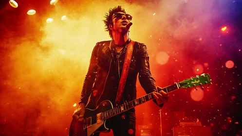 Rock guitarist commands stage under vivid orange concert lights