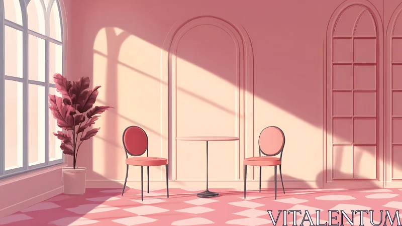 Sunlit pink parlor where quiet conversations almost happen.