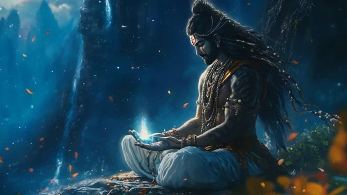 Mystic warrior meditates amid glowing blue mountain falls