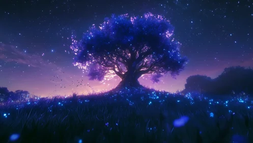 Enchanted twilight tree glowing softly beneath starry skies.