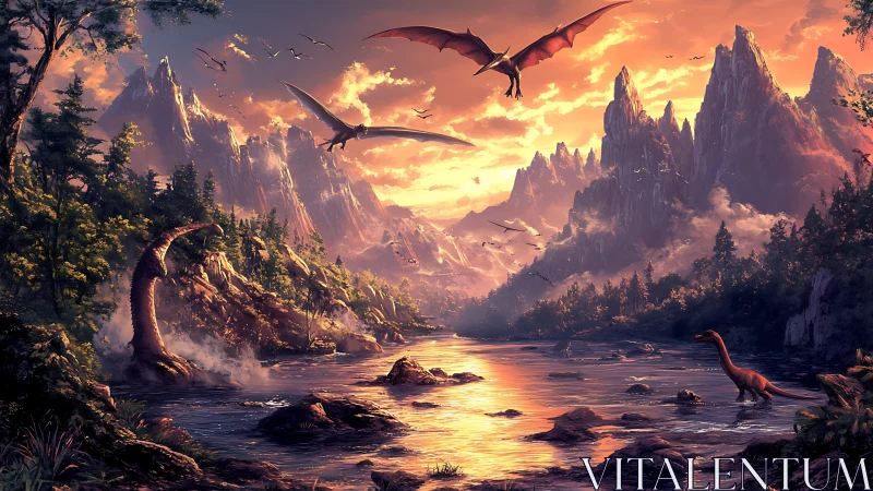 Cretaceous river valley with pterosaurs in volumetric sunset light.