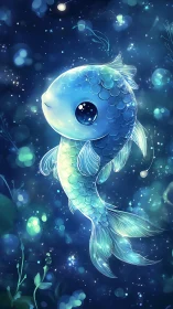 Glowing chibi koi fish drifting through luminous night water.