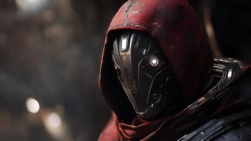 Hooded chrome android portrait with red weathered cloak