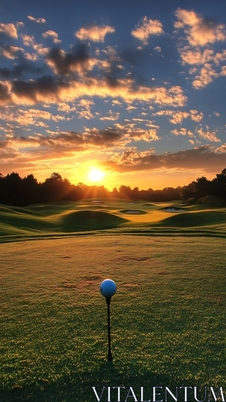 Golf tee at sunrise on rolling fairway landscape.