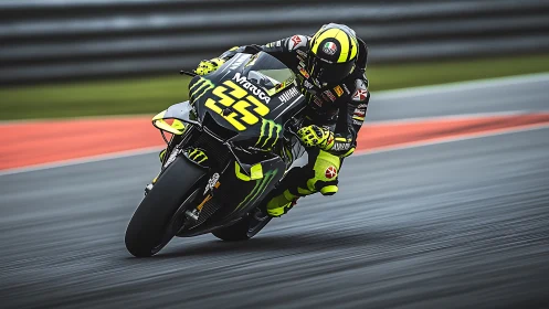 Neon racer knifes through wet tarmac in high-speed tilt.