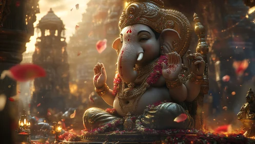 Golden Ganesha glows in rosepetal haze of temple dusk.