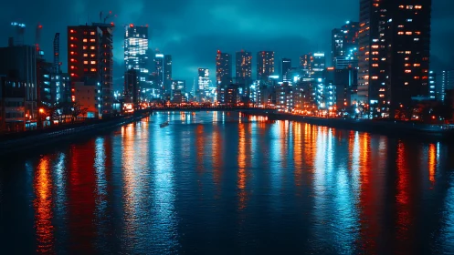 Nocturnal riverfront skyline with cyan and amber city reflections