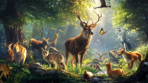 Forest wildlife group with stag, deer, foxes and birds in light.