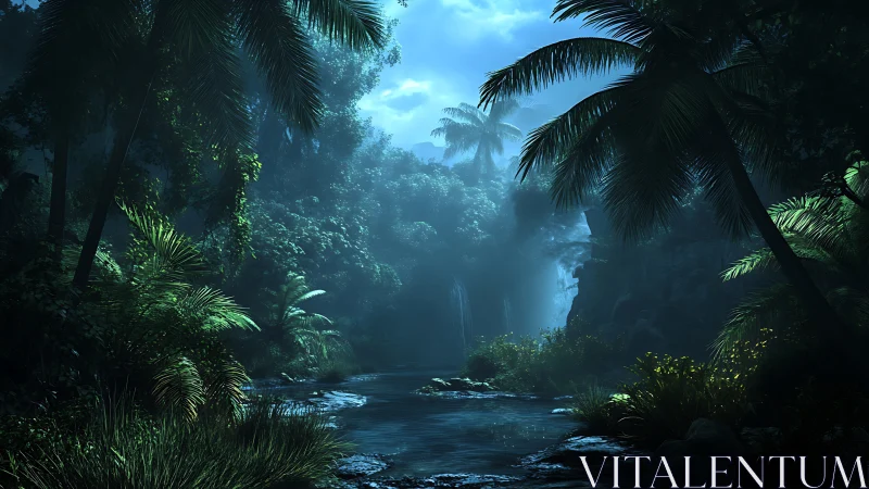 Misty Jungle River Canyon Bathed in Ethereal Blue Light