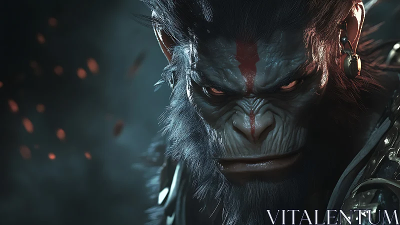 Fierce anthropomorphic warrior ape rendered in dramatic 3D
