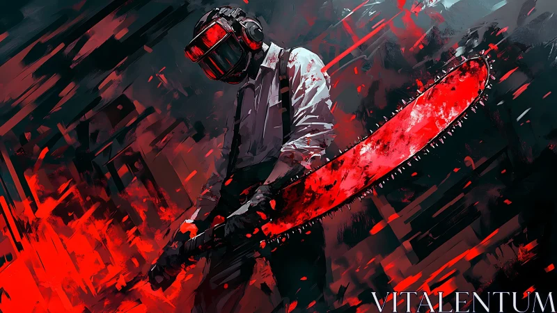 Armored chainsaw operative in kinetic red fragmentation field.