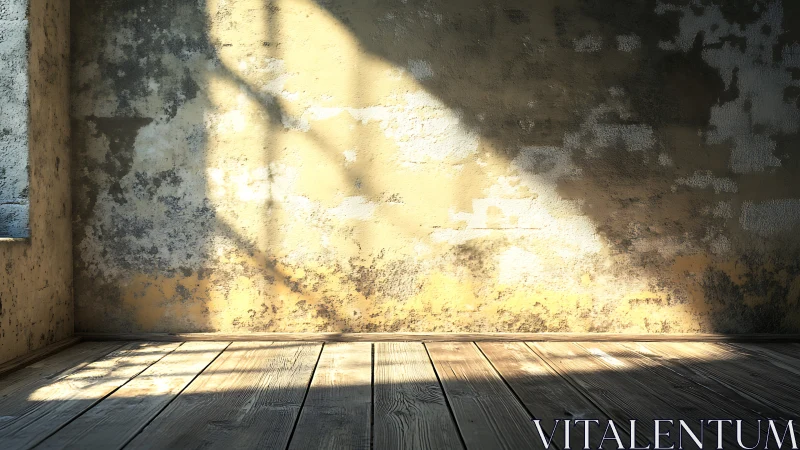 Sunlit worn plaster wall and rustic wooden floor composition.