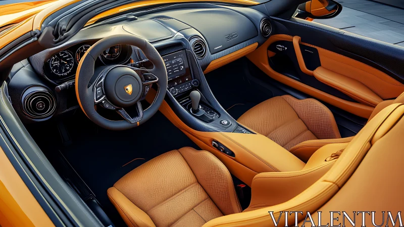Luxury sports car cockpit glows in warm leather and carbon fiber.