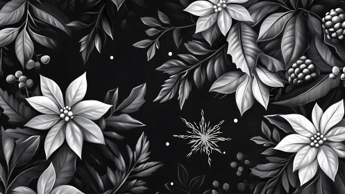 Monochrome poinsettia wreath framing ornate snowflake motif.
