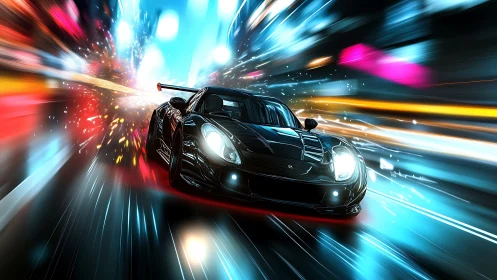 Black sports car on neon-lit urban roadway at speed.