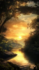 Sunlit river slips quietly between rainforest silhouettes