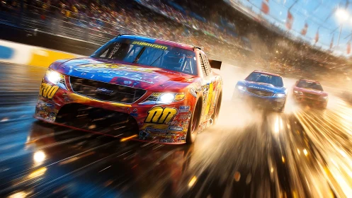 Stock race cars charging forward on wet speedway track.