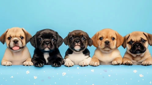 Puppy friends line up in a bright blue backdrop of pure joy