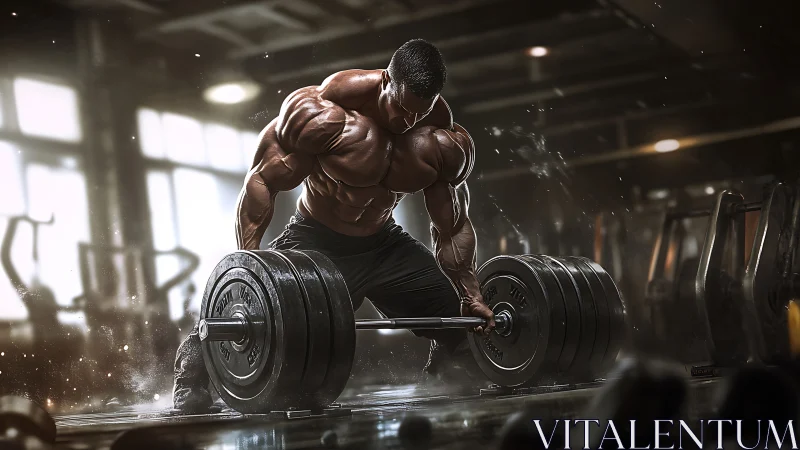 Bodybuilder performs heavy barbell deadlift in gym space