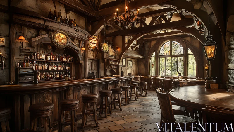 Rustic tavern interior shows warm wooden bar and seating