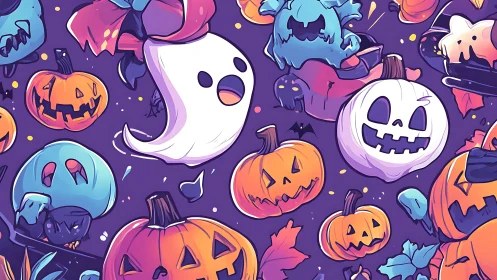 Playful Halloween ghosts and pumpkins swirl in purple night.