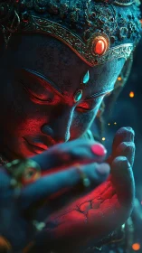 Divine stone visage illuminated by bi-color volumetric lighting