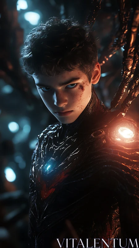 Cybernetic teen warrior glares through bioluminescent storm.