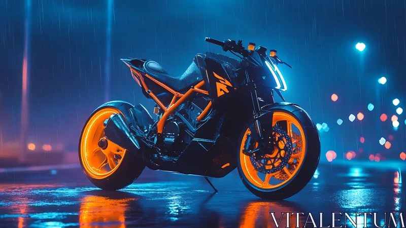 Neon street predator hums under rainlit midnight puddles