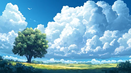 Solitary deciduous tree under towering cumulus summer sky