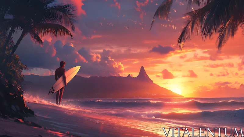 Sunlit surfer silhouette beneath radiant tropical sunset.