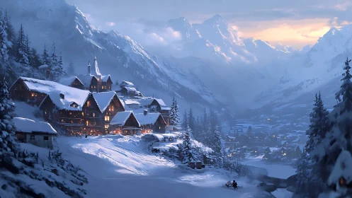 Snowbound mountain village glows against distant alpine dusk