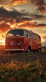 Rusty orange VW van stands in field under vivid sunset sky