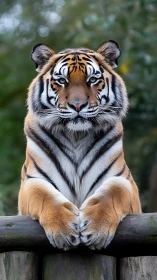 Regal tiger portrait poised on wooden railing in soft focus jungle.