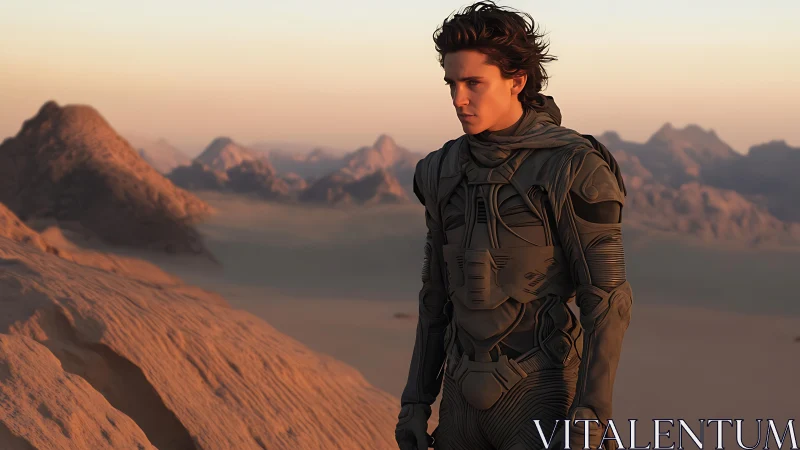 Solitary wanderer in sculpted desert light at dusk.