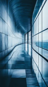 Curved glass corridor with reflective marble flooring and soft skylight
