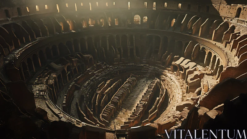 Sunlit interior of ancient Roman amphitheater hypogeum in decay