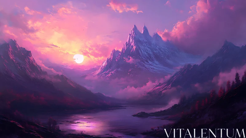 Radiant alpine peaks glow above a tranquil violet valley lake