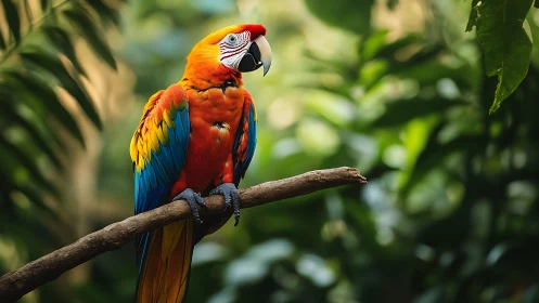 Vibrant Scarlet Macaw Perched on Branch in Lush Jungle Setting.