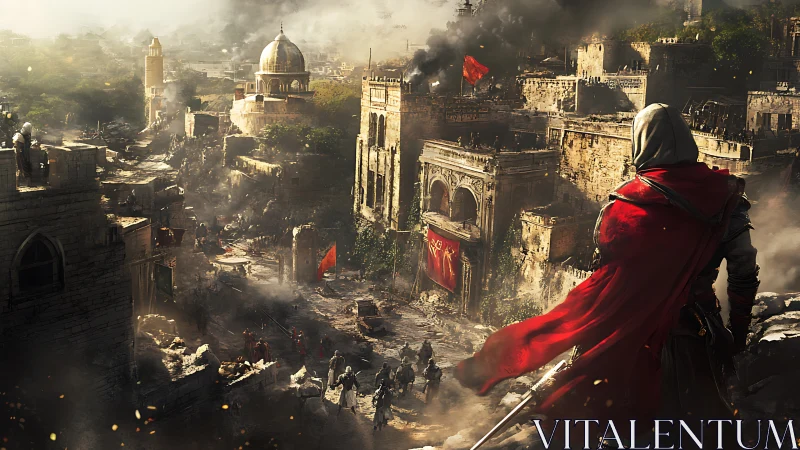 Hooded warrior surveys war-torn medieval city in cinematic detail