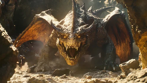 Fire-breathing dragon roars forward inside rocky cavern