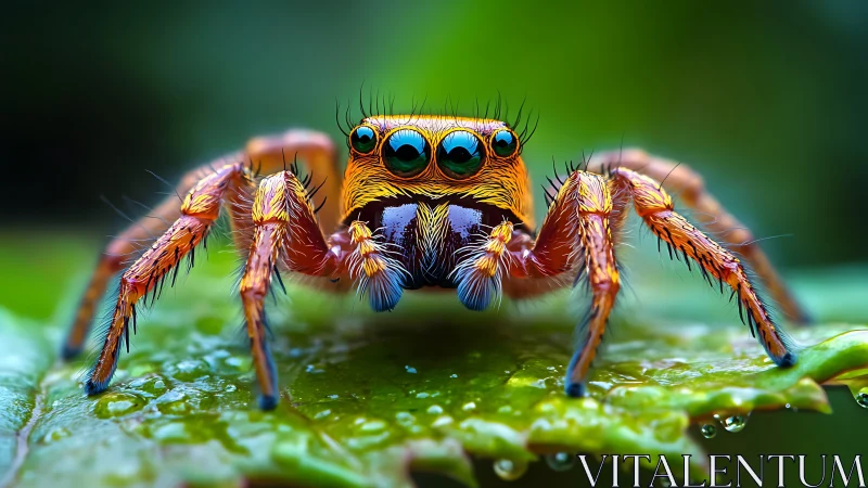 Vibrant macro portrait of iridescent jumping spider on leaf.