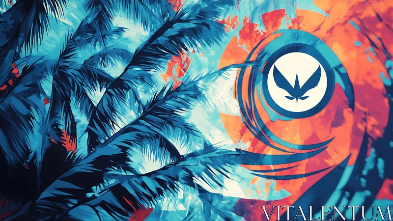 Digital painting of tropical fronds with circular emblem vortex.