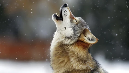 Wild gray wolf howls skyward in soft falling snow.